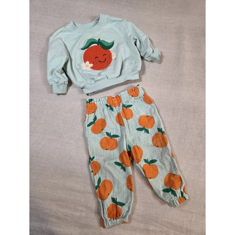 Old Navy Happy Orange Motif Graphic Sweatshirt Pants Fuzzy Letters Sz 6-12 Mo.